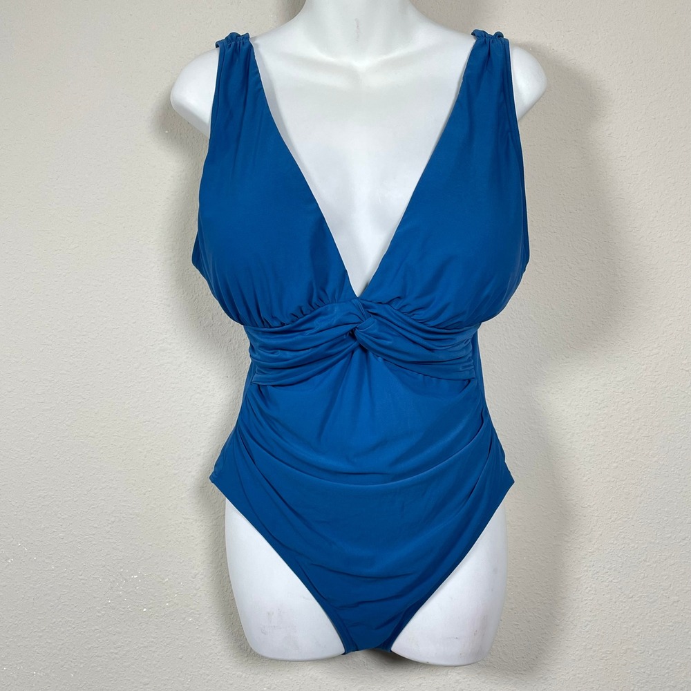 Soma One Piece Swimsuit Womens 14 Blue Ruched Twist Front Swimwear Coastal